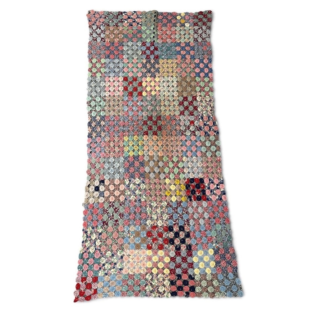 Handmade Vtg Yo-Yo Quilt Topper Throw Multi-Color Patchwork 72x34 Floral Boho - Picture 2 of 8